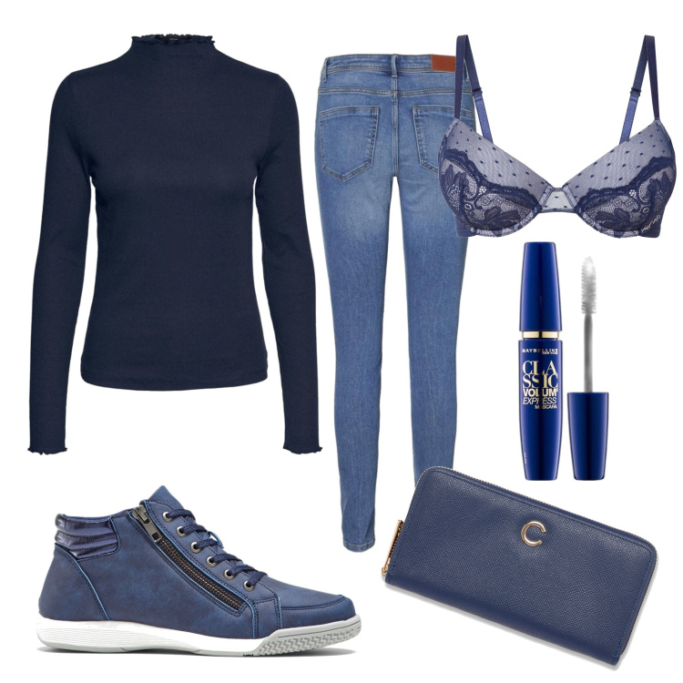 Outfit donna - Blu navy. Stile Basic per Tutti i giorni. Abbinamento con sneakers alte, reggiseni, mascara, portafogli, top, jeans skinny.