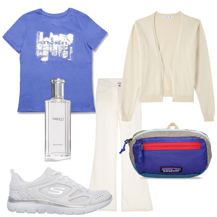 Outfit donna - Total look #1748054. Stile Casual per Tutti i giorni. Abbinamento con cardigans, profumi, pantaloni, t-shirt, sneakers, marsupi.