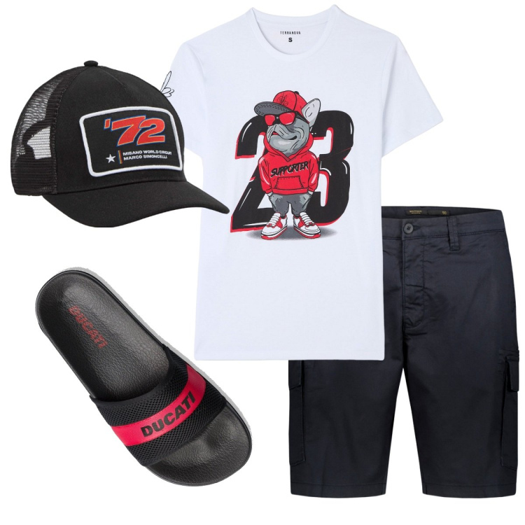 Outfit uomo - Supporter. Stile Casual per Mare. Abbinamento con cappelli, t-shirt, sandali, bermuda.