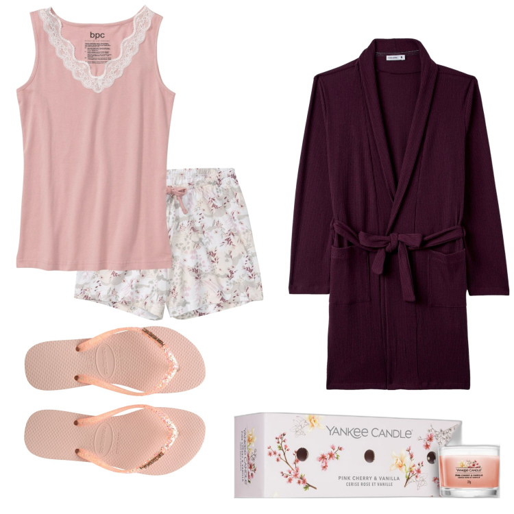 Outfit donna - Home. Stile Casual per Tutti i giorni. Abbinamento con pigiama, profumi, vestaglie, infradito.