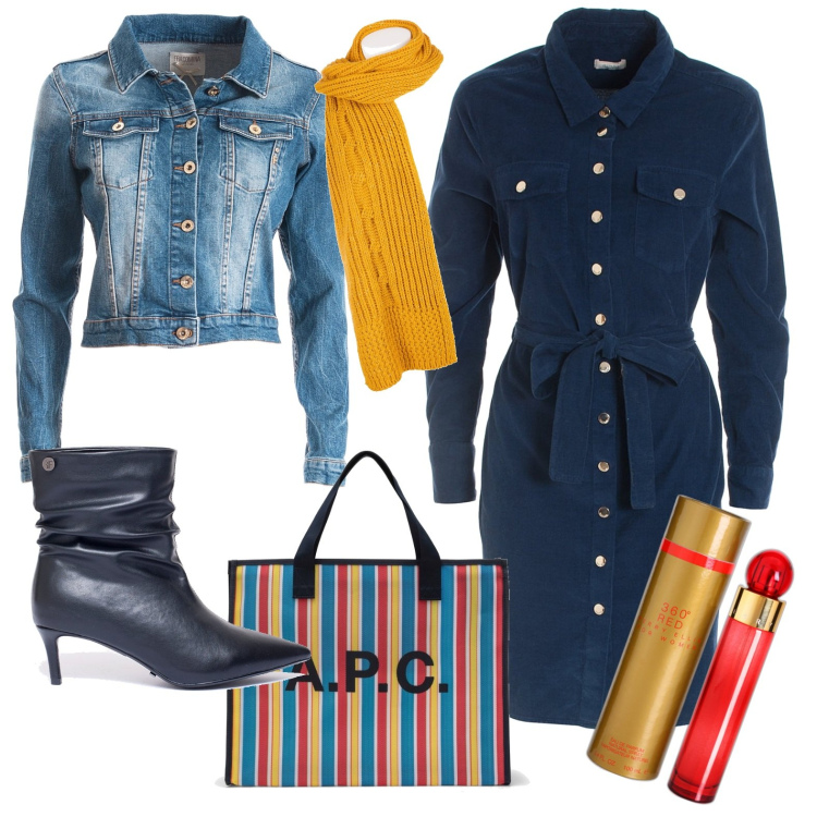Outfit donna - Giornate assolate. Stile Casual per Tutti i giorni. Abbinamento con profumi, vestiti chemisier, stivaletti, sciarpe, blazer, shopping bag.