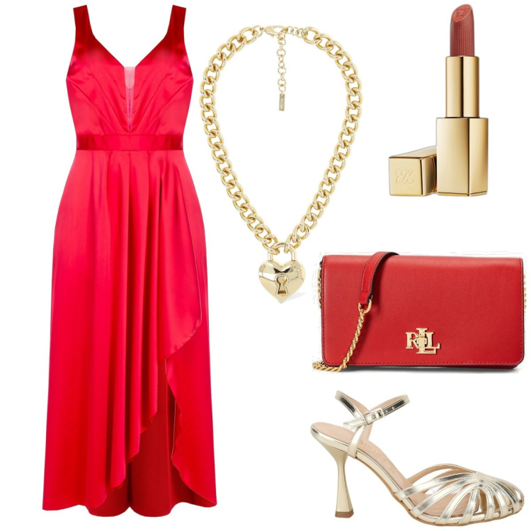 Outfit donna - Un vestito splendido - curvy style. Stile Glamour per Cerimonia. Abbinamento con rossetti, vestiti asimmetrici, sandali in pelle, borse a mano, collane.