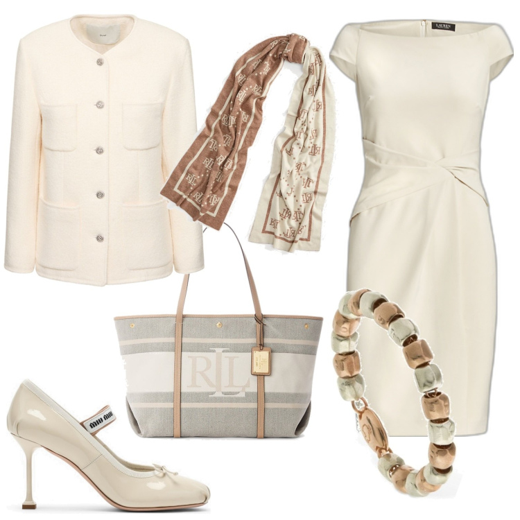 Outfit donna - Appuntamento galante. Stile Chic per Serata fuori. Abbinamento con vestiti, sciarpe, borse tote, anelli, décolleté, giacche.