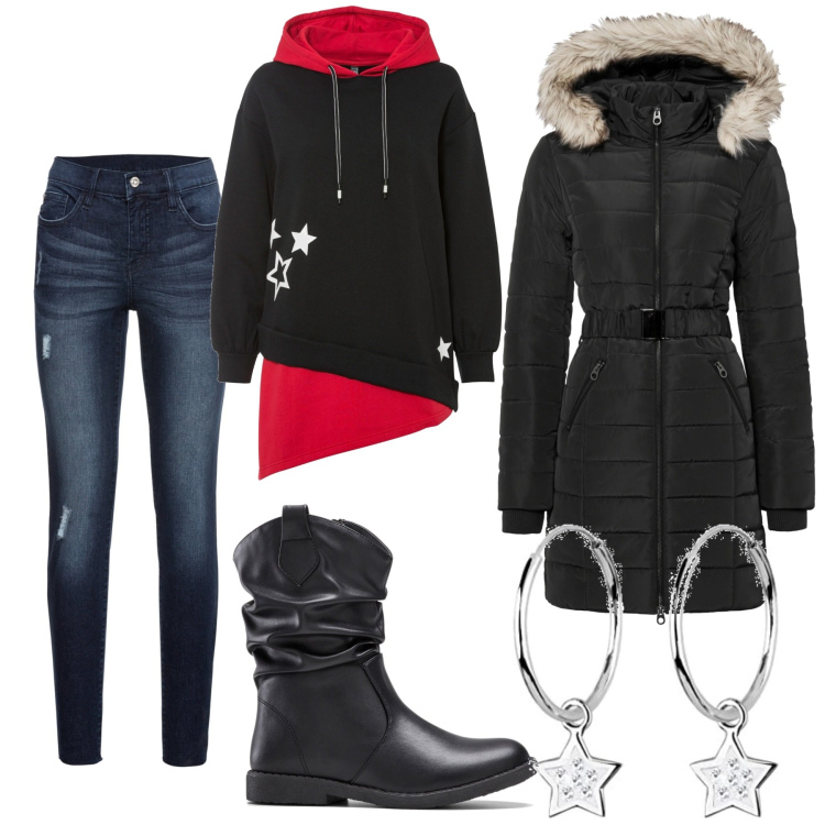 Outfit donna - E oggi.......stelle!. Stile Casual per Tutti i giorni. Abbinamento con giacche, jeans strappati, stivali, felpe con cappuccio, orecchini.