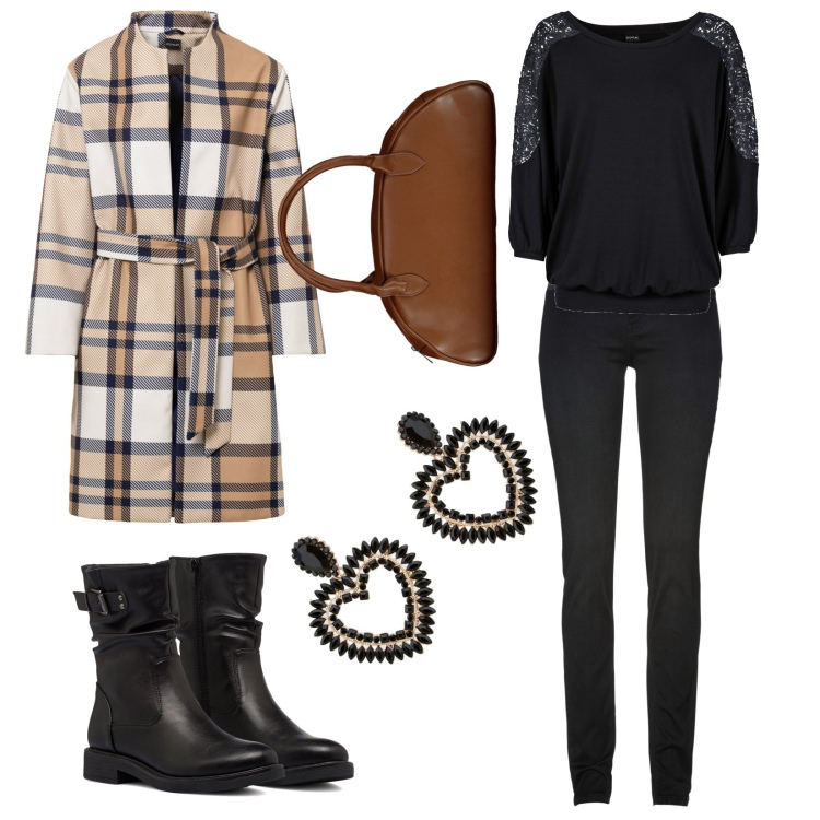 Outfit donna - La borsa a spalla. Stile Casual per Tutti i giorni. Abbinamento con jeans skinny, maglieria, cappotti, orecchini, stivaletti, borse a spalla.