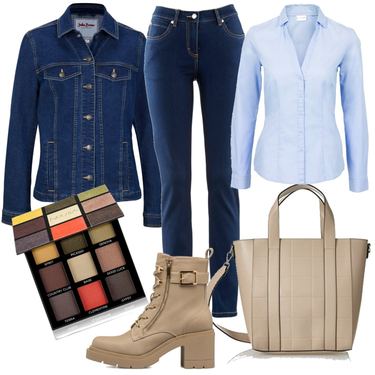 Outfit donna - Il tuo Mondo in una Borsa. Stile Casual chic per Tutti i giorni. look ideale per Petite. Abbinamento con jeans dritti, camicie, blazer, ombretti, anfibi, borse sportive.