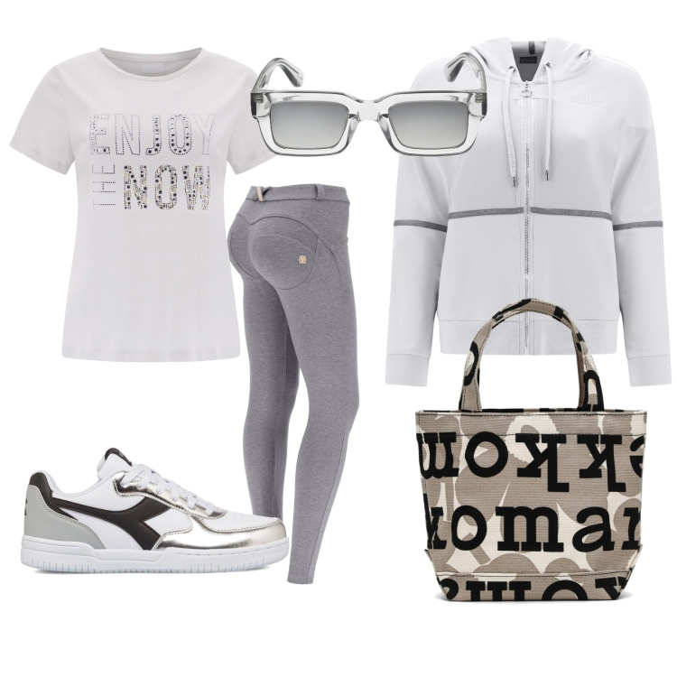 Outfit donna - Comoda e stilosa all\' università. Stile Sporty chic per Scuola/Università. Abbinamento con pantaloni skinny, t-shirt, felpe con cappuccio, sneakers, borse tote, occhiali da sole.