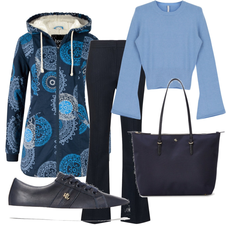 Outfit donna - Ancora blu. Stile Casual per Tutti i giorni. Abbinamento con parka, pullovers, borse tote, scarpe sportive, pantaloni.