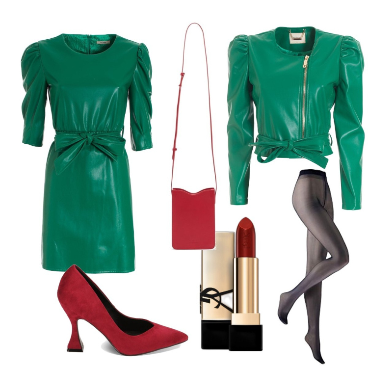 Outfit donna - Rosso e verde. Stile Trendy per Serata fuori. Abbinamento con rossetti, vestiti, cappotti, décolleté, collant, borse a tracolla.