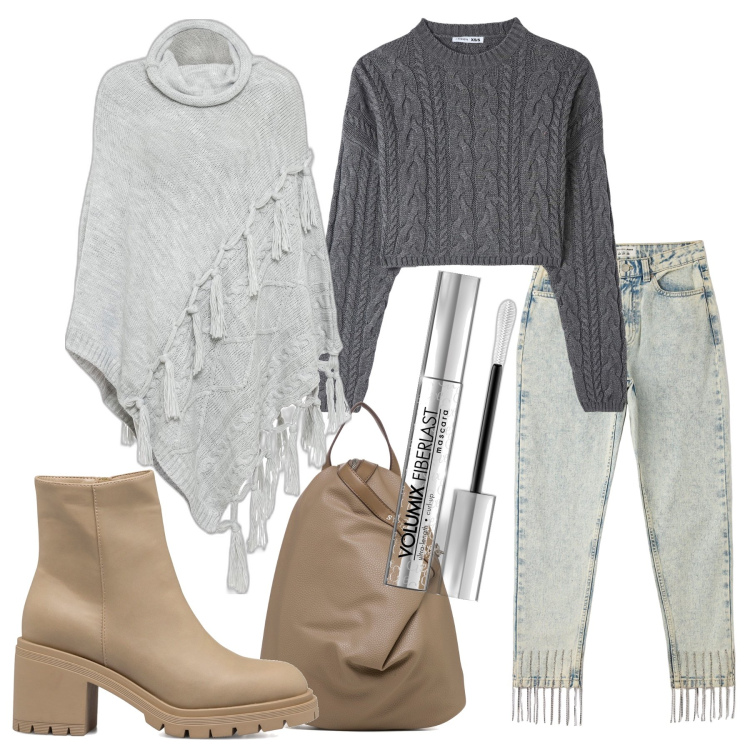 Outfit donna - Frange mania. Stile Trendy per Tutti i giorni. Abbinamento con cappotti, mascara, jeans mom, maglieria, stivaletti, zaini.