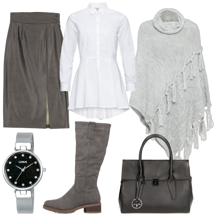 Outfit donna - Le sfumature di grigio. Stile Casual per Tutti i giorni. Abbinamento con camicie, cappotti, borse a mano, gonne longuette, stivali sopra il ginocchio, orologi.