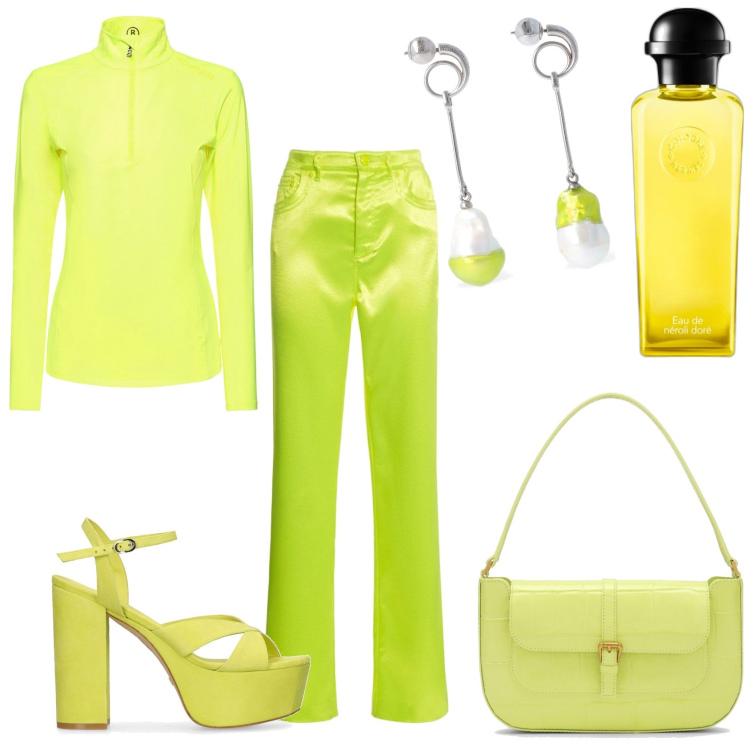 Outfit donna - Stasera mi faccio notare. Stile Trendy per Serata fuori. Abbinamento con profumi, orecchini, sandali in pelle, pantaloni, borse a spalla, top.