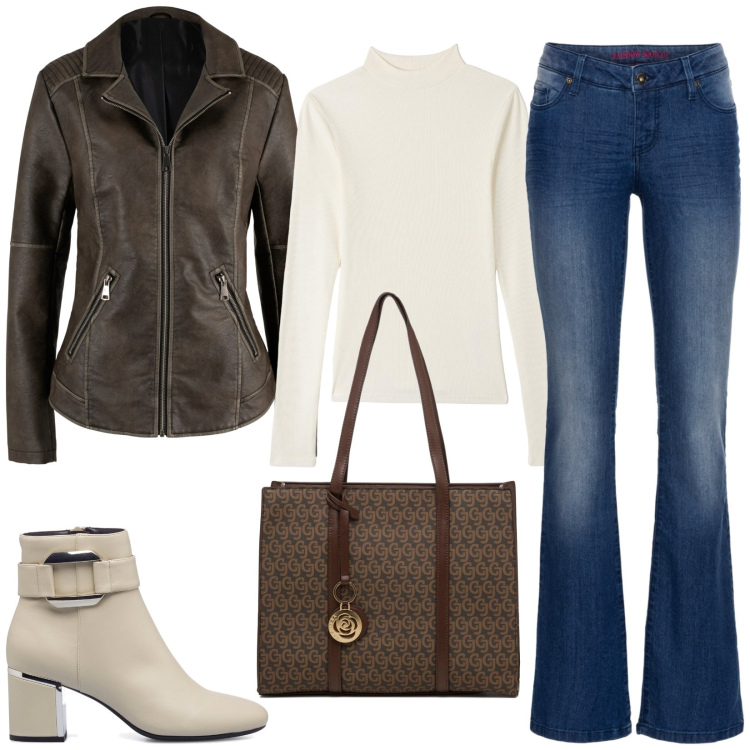 Outfit donna - Giacca di pelle. Stile Urban per Tutti i giorni. Abbinamento con jeans bootcut, blazer, t-shirt, stivaletti, borse a spalla.