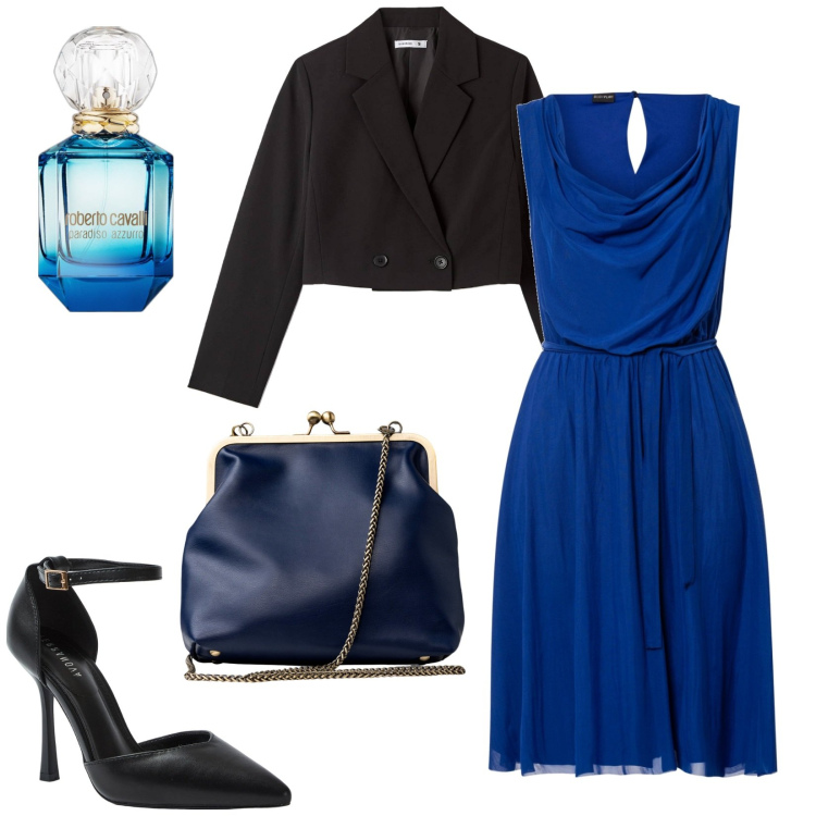 Outfit donna - Cerimonia in blu. Stile Chic per Cerimonia. Abbinamento con vestiti, profumi, blazer, décolleté, clutch.