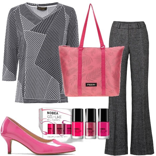 Outfit donna - La borsa di Mary Poppins. Stile Glamour per Ufficio. Abbinamento con pantaloni a palazzo, maglieria, décolleté, smalti, borse tote.