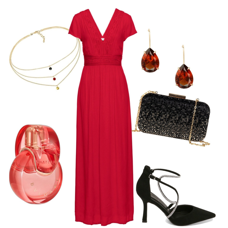 Outfit donna - Total look #1748241. Stile Chic per Cerimonia. look ideale per Tall. Abbinamento con vestiti lunghi, profumi, clutch, décolleté, orecchini, collane.