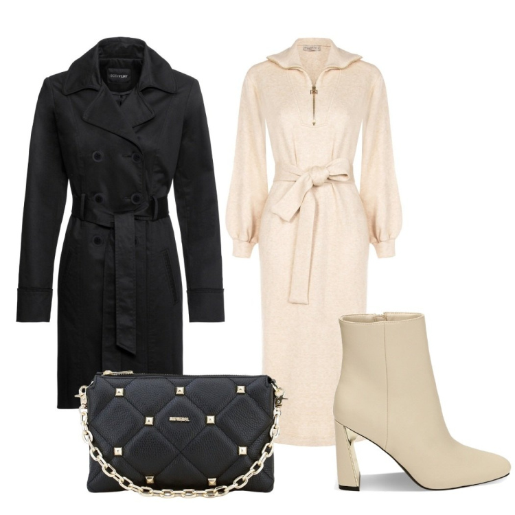 Outfit donna - Total look #1748249. Stile Casual chic per Ufficio. Abbinamento con trench, vestiti, pochette, stivaletti.