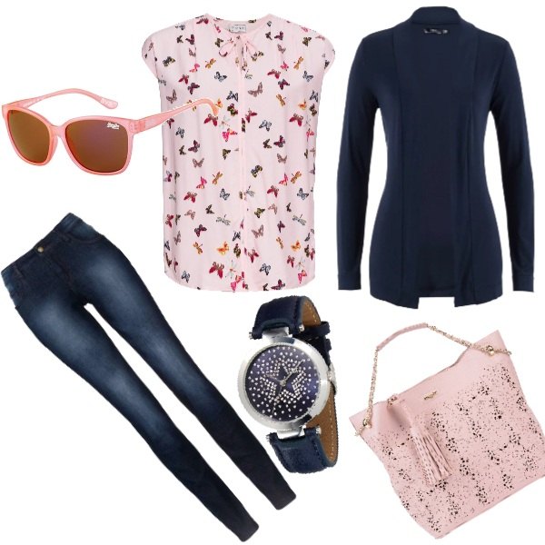 Outfit donna - Si torna all\'università. Stile Basic per Scuola/Università. Abbinamento con jeans skinny, cardigan in maglina, blusa fantasia con scollo a maniche corte con laccetti rosa, orologio sport con strass e cinturino in pelle sintetica blu, borsa a mano secchiello con manico taglia media con zip interno sfoderato in pelle sintetica tinta unita, occhiali da sole.