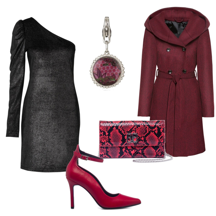 Outfit donna - Total look #1748259. Stile Chic per Serata fuori. look ideale per Tall. Abbinamento con cappotti, vestiti asimmetrici, pochette, décolleté, ciondoli.