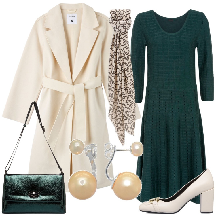 Outfit donna - In verde. Stile Casual chic per Tutti i giorni. Abbinamento con vestiti, cappotti, foulard, décolleté, borse a tracolla, orecchini.