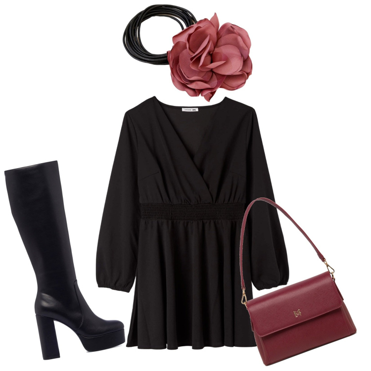 Outfit donna - Fiorire in autunno. Stile Romantica per Serata fuori. Abbinamento con vestiti corti, collane, stivali, borse a tracolla.