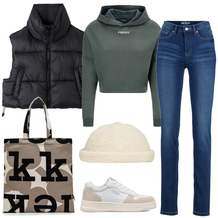 Outfit donna - Easy ma cool. Stile Sporty chic per Scuola/Università. Abbinamento con jeans, piumini, felpe con cappuccio, sneakers alte, borse tote, cappelli.