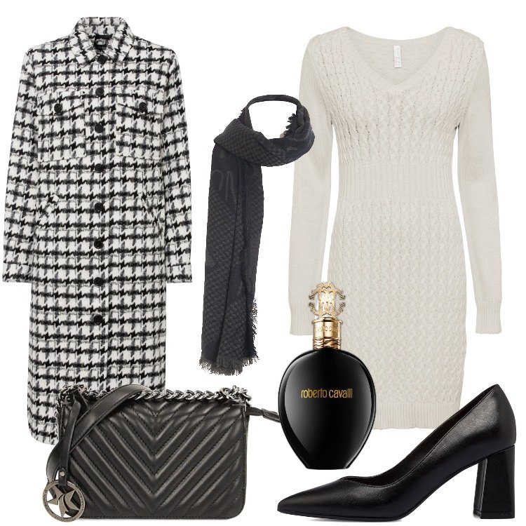 Outfit donna - Mai senza profumo. Stile Bon Ton per Serata fuori. Abbinamento con vestiti, cappotti, profumi, foulard, borse a tracolla, décolleté.