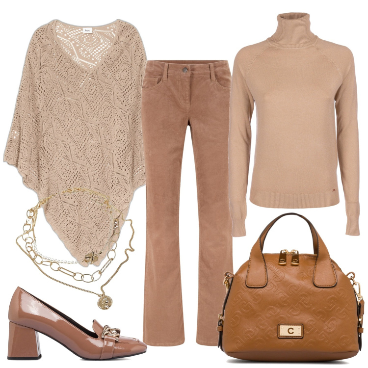 Outfit donna - Caramello. Stile Casual chic per Tutti i giorni. Abbinamento con pantaloni, cappotti, maglieria, décolleté, borse a spalla, ciondoli.