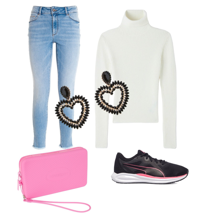 Outfit donna - Total look #1748301. Stile Basic per Tutti i giorni. Abbinamento con orecchini, jeans skinny, scarpe sportive, pochette, maglieria.