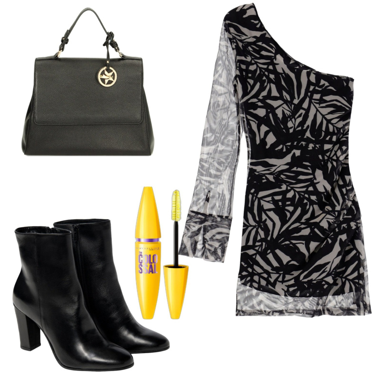 Outfit donna - Il mascara Colossal. Stile Casual chic per Serata fuori. Abbinamento con mascara, vestiti corti, borse a mano, stivaletti.