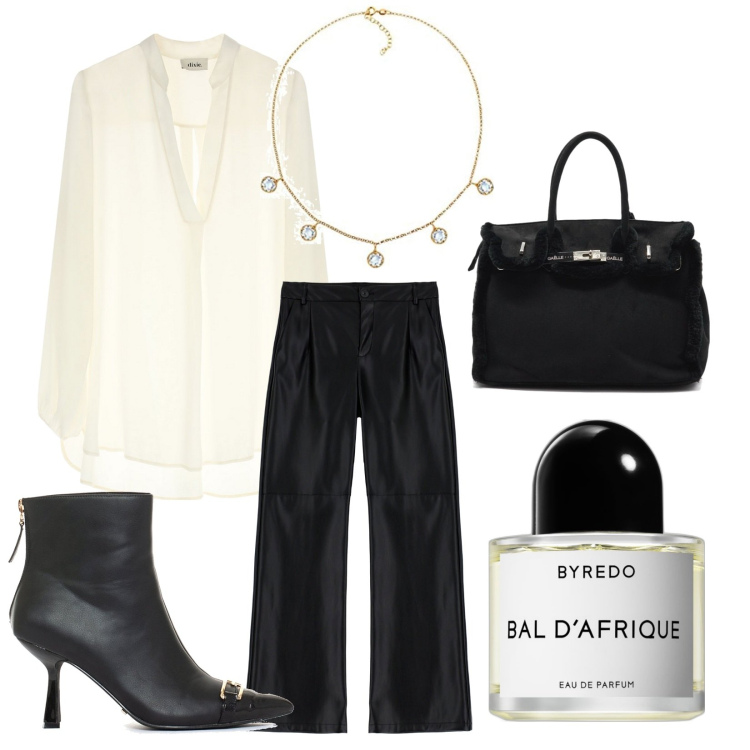 Outfit donna - B&W. Abbinamento con profumi, stivaletti, pantaloni a palazzo, bluse, collane, borse a mano.