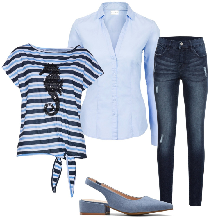 Outfit donna - Impeccabile low cost. Stile Casual chic per Scuola/Università. Abbinamento con camicie, jeans strappati, décolleté, maglieria.