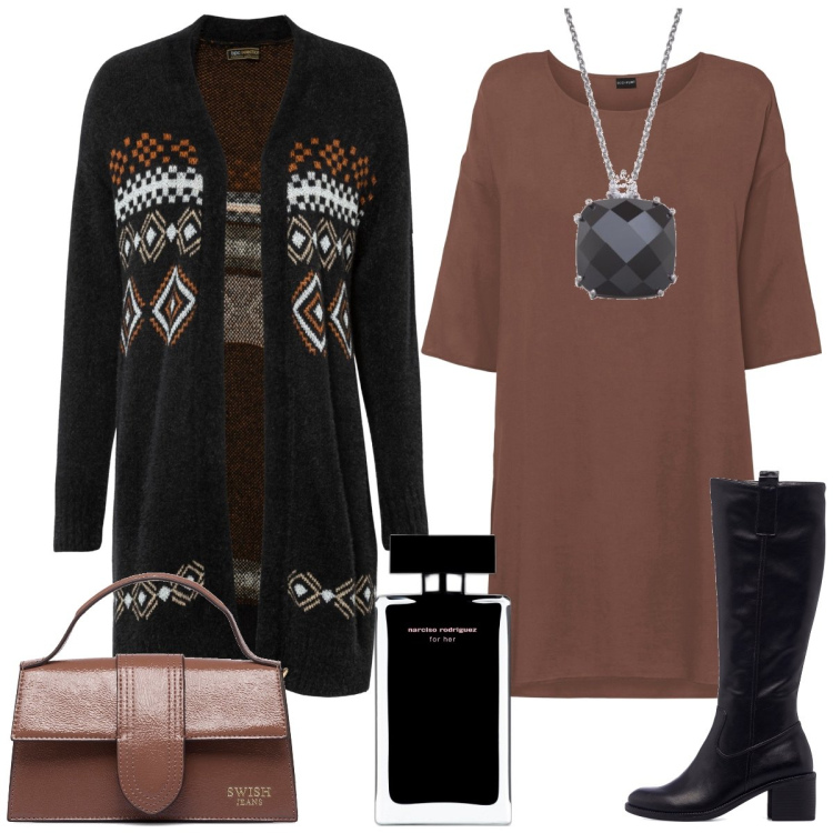 Outfit donna - Il cardigan jacquard. Stile Casual chic per Tutti i giorni. Abbinamento con vestiti, cardigans, profumi, stivali, borse a mano, collane.