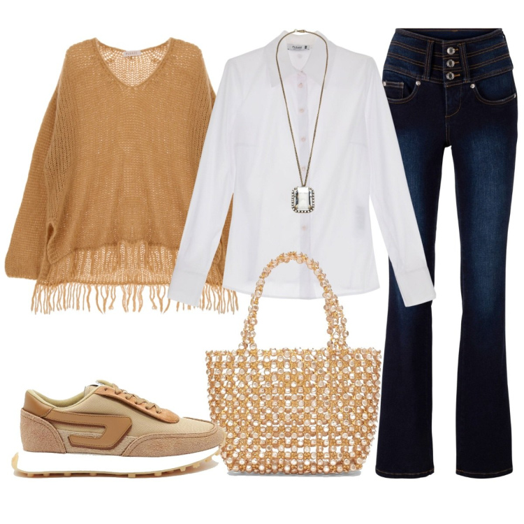 Outfit donna - Calde frange. Stile Casual per Tutti i giorni. Abbinamento con jeans bootcut, maglieria, camicie, collane, sneakers, borse tote.