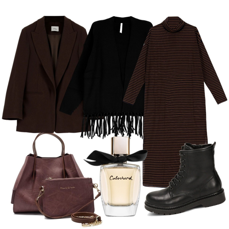 Outfit donna - Sofia. Stile Casual chic per Tutti i giorni. Abbinamento con profumi, cardigans, anfibi, vestiti lunghi, cappotti, borse a mano.