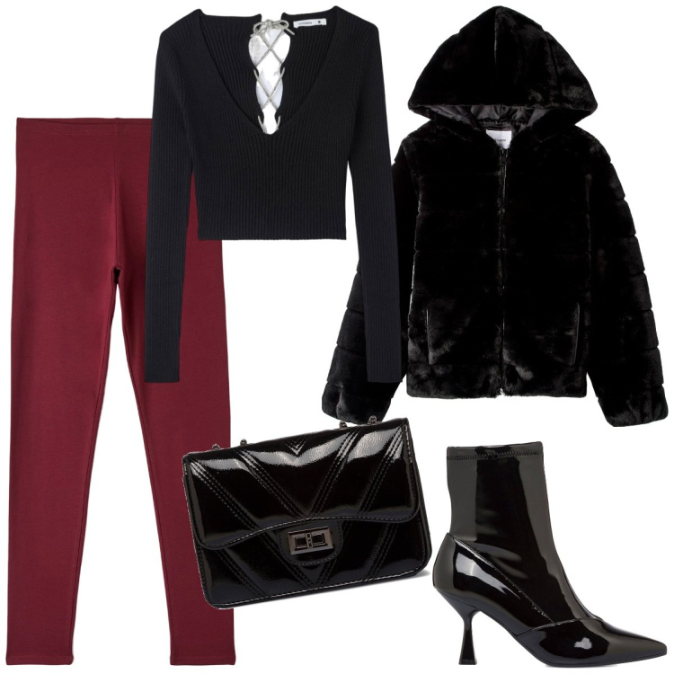 Outfit donna - Terranova speciale Halloween. Stile Rock per Serata fuori. Abbinamento con ecopellicce, maglieria, leggings, borse a tracolla, stivaletti.