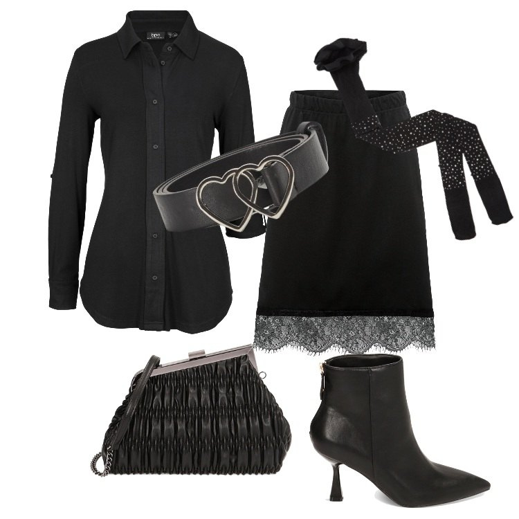 Outfit donna - Halloween - Ottobre. Stile Trendy per Serata fuori. Abbinamento con camicie, gonne, cinture, collant, clutch, stivaletti.