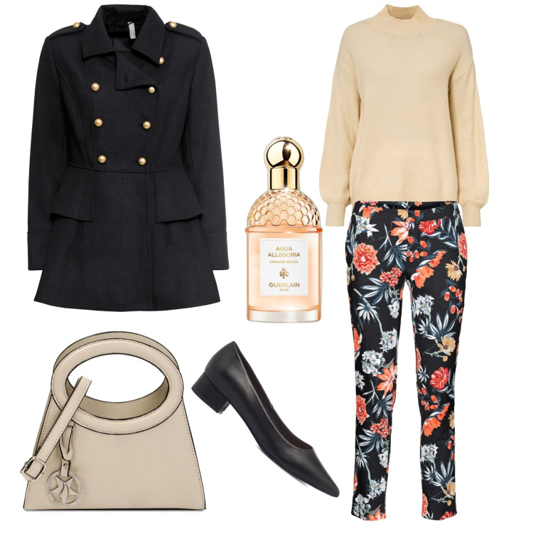 Outfit donna - Fiori. Stile Casual per Tutti i giorni. Abbinamento con pantaloni, cappotti, maglieria, profumi, borse a spalla, décolleté.