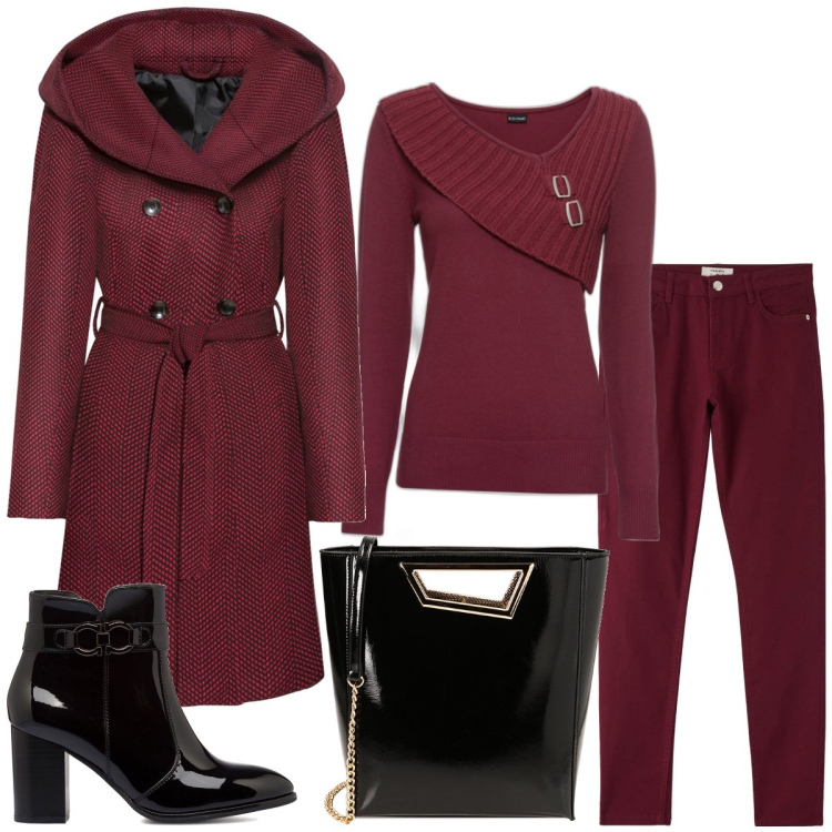 Outfit donna - Rosso d’autunno. Stile Chic per Tutti i giorni. Abbinamento con maglieria, cappotti, pantaloni, borse a mano, stivaletti.