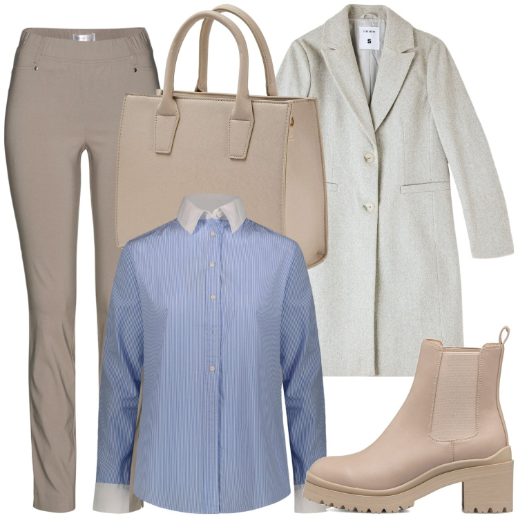 Outfit donna - Total look #1748413. Stile Casual per Ufficio. Abbinamento con pantaloni, cappotti, shopping bag, stivaletti, camicie.