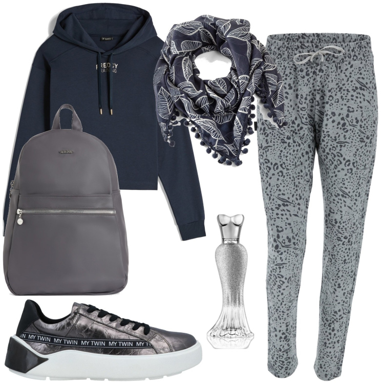 Outfit donna - Sport. Stile Casual per Sport. Abbinamento con foulard, sneakers alte, profumi, felpe con cappuccio, pantaloni, zaini.