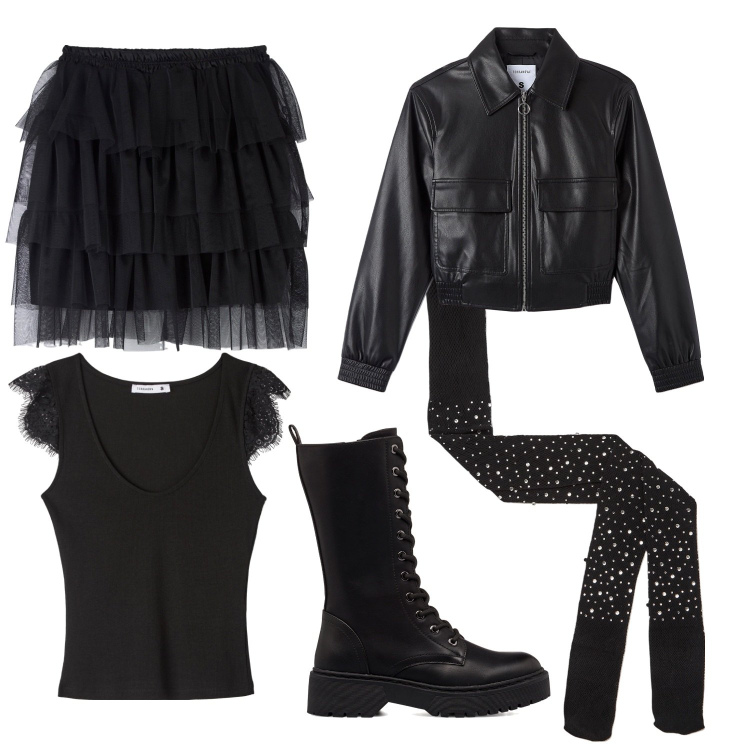 Outfit donna - Black cat (veg ok). Stile Urban per Serata fuori. Abbinamento con collant, minigonne, canottiere, bomber, anfibi.