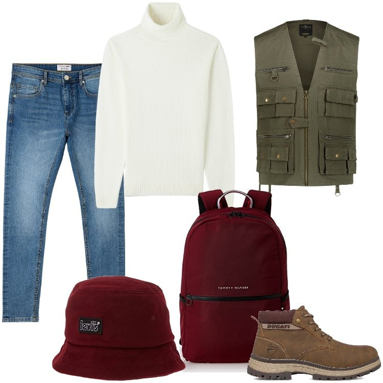 Outfit uomo - Weekend -Ottobre. Stile Trendy per Tutti i giorni. Abbinamento con stivali e stivaletti, gilet, maglieria, jeans skinny, cappelli, borse sportive.