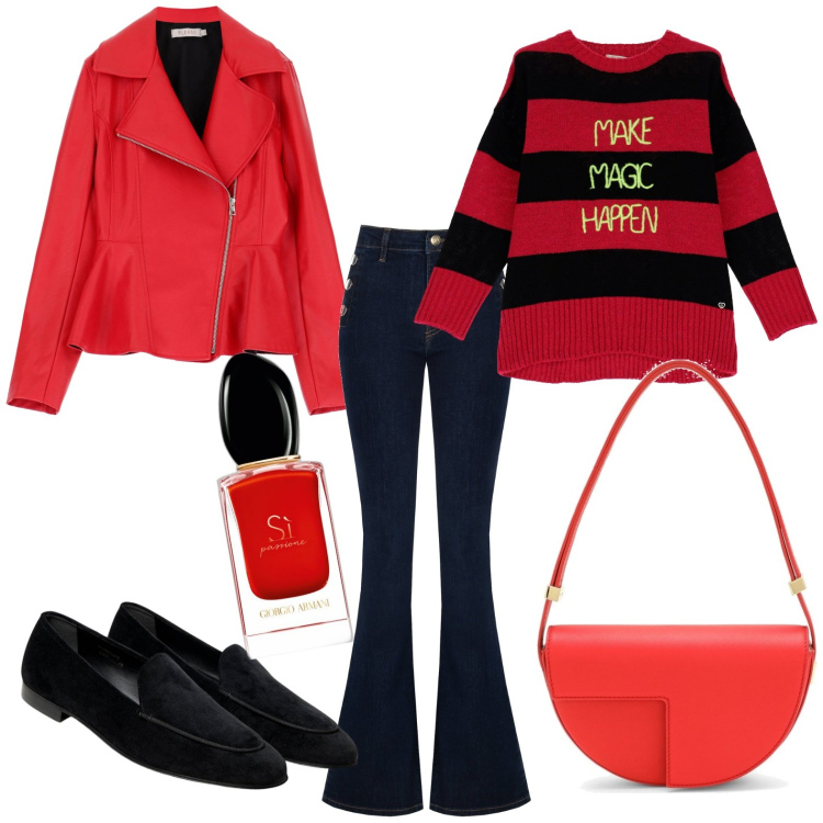 Outfit donna - Temperature autunnali. Stile Casual per Tutti i giorni. Abbinamento con profumi, maglieria, cappotti, jeans a zampa, mocassini, borse a spalla.