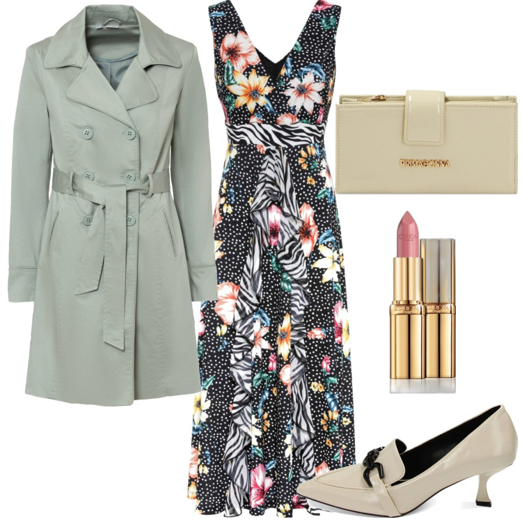 Outfit donna - Total look #1748454. Stile Casual per Tutti i giorni. Abbinamento con trench, vestiti, rossetti, mocassini, portafogli.