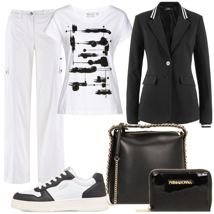 Outfit donna - Total look #1748456. Stile Casual per Tutti i giorni. Abbinamento con blazer, t-shirt, pantaloni cargo, borse a mano, portafogli, sneakers alte.