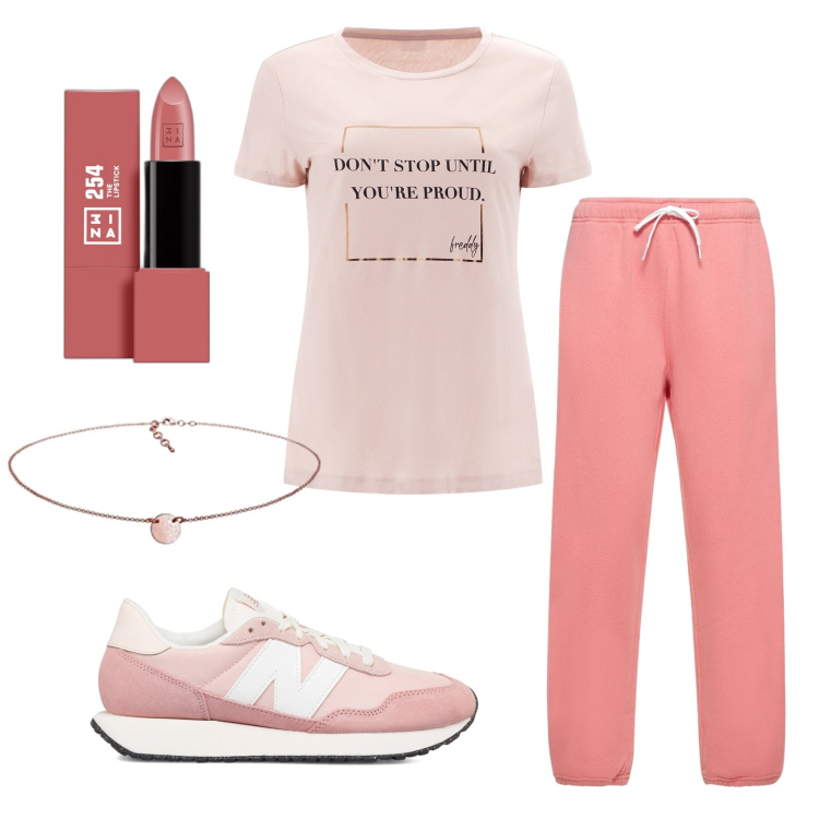 Outfit donna - Pastel Rose. Stile Sporty chic per Sport. Abbinamento con rossetti, t-shirt, sneakers, collane, pantaloni.