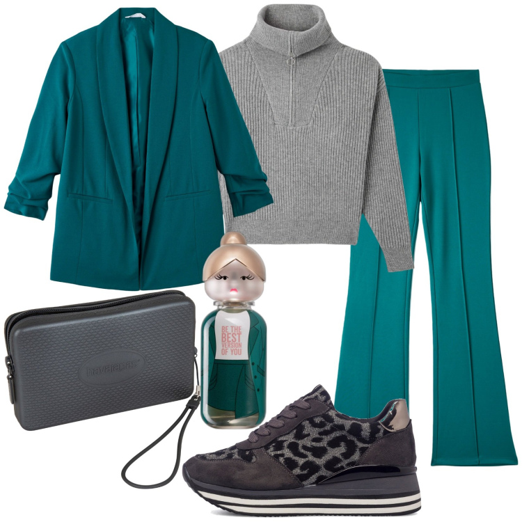 Outfit donna - Total look #1748478. Stile Casual per Ufficio. Abbinamento con profumi, blazer, maglieria, pantaloni, sneakers, pochette.