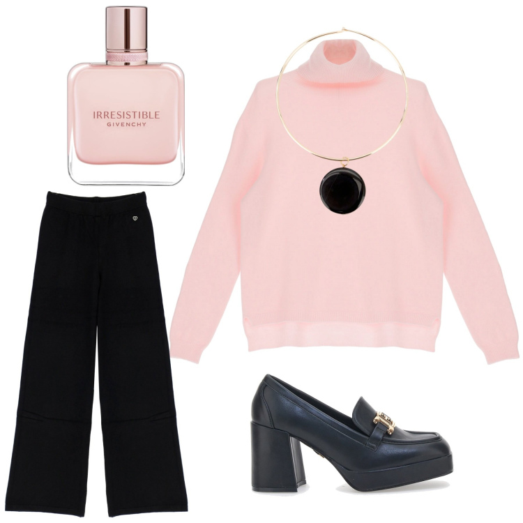 Outfit donna - Nero e rosa. Stile Basic per Ufficio. Abbinamento con profumi, pantaloni a palazzo, maglieria, ciondoli, mocassini.