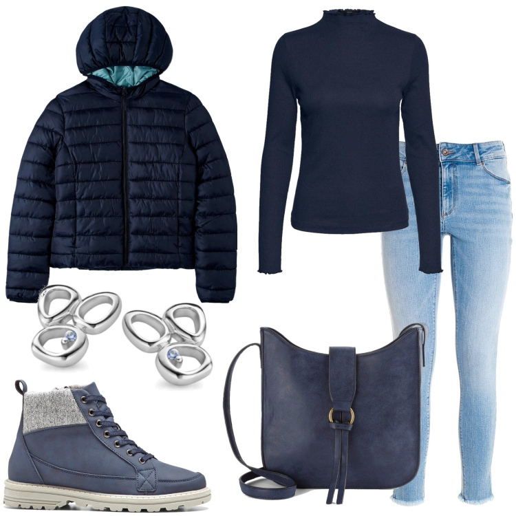 Outfit donna - In blu jeans. Stile Casual per Tutti i giorni. Abbinamento con stivaletti, borse a tracolla, piumini, jeans skinny, top, orecchini.